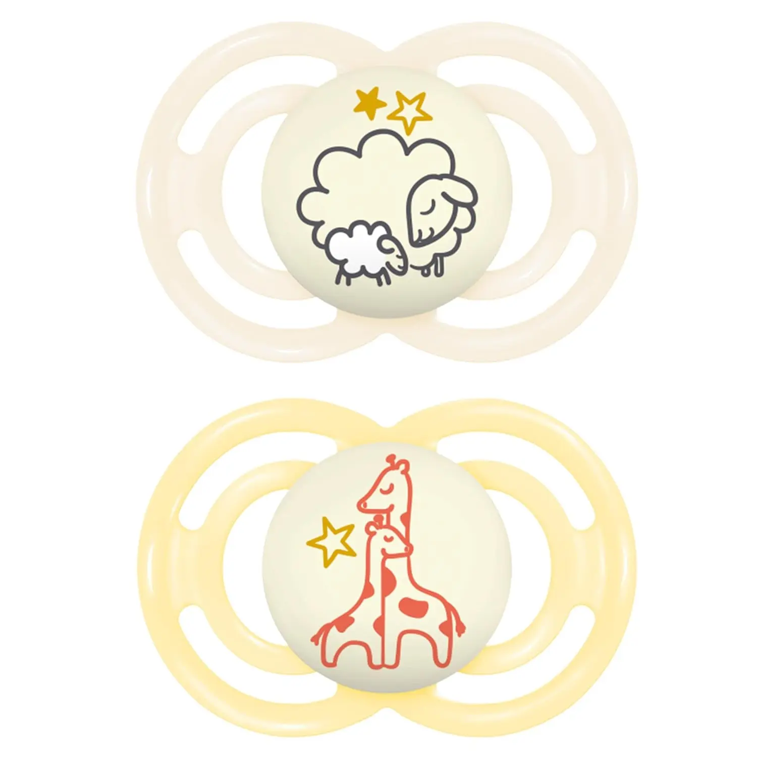 The MAM Perfect Night pacifier is designed for babies 6 months and older, featuring a glow-in-the-dark button, a SkinSoft silicone nipple, and comes in a sterilizing case.