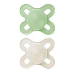 Two BPA-free MAM Start silicone pacifiers for newborns 0-3 months with a self-sterilizing case for easy cleaning and travel.