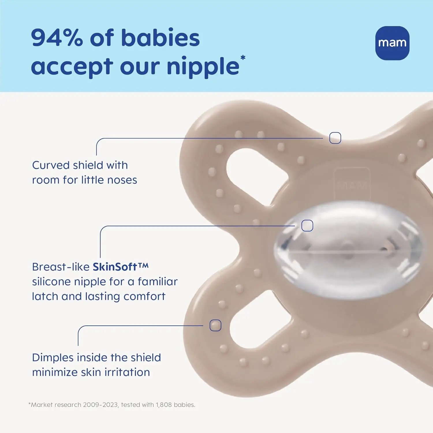 Two BPA-free MAM Start silicone pacifiers for newborns 0-3 months with a self-sterilizing case for easy cleaning and travel.