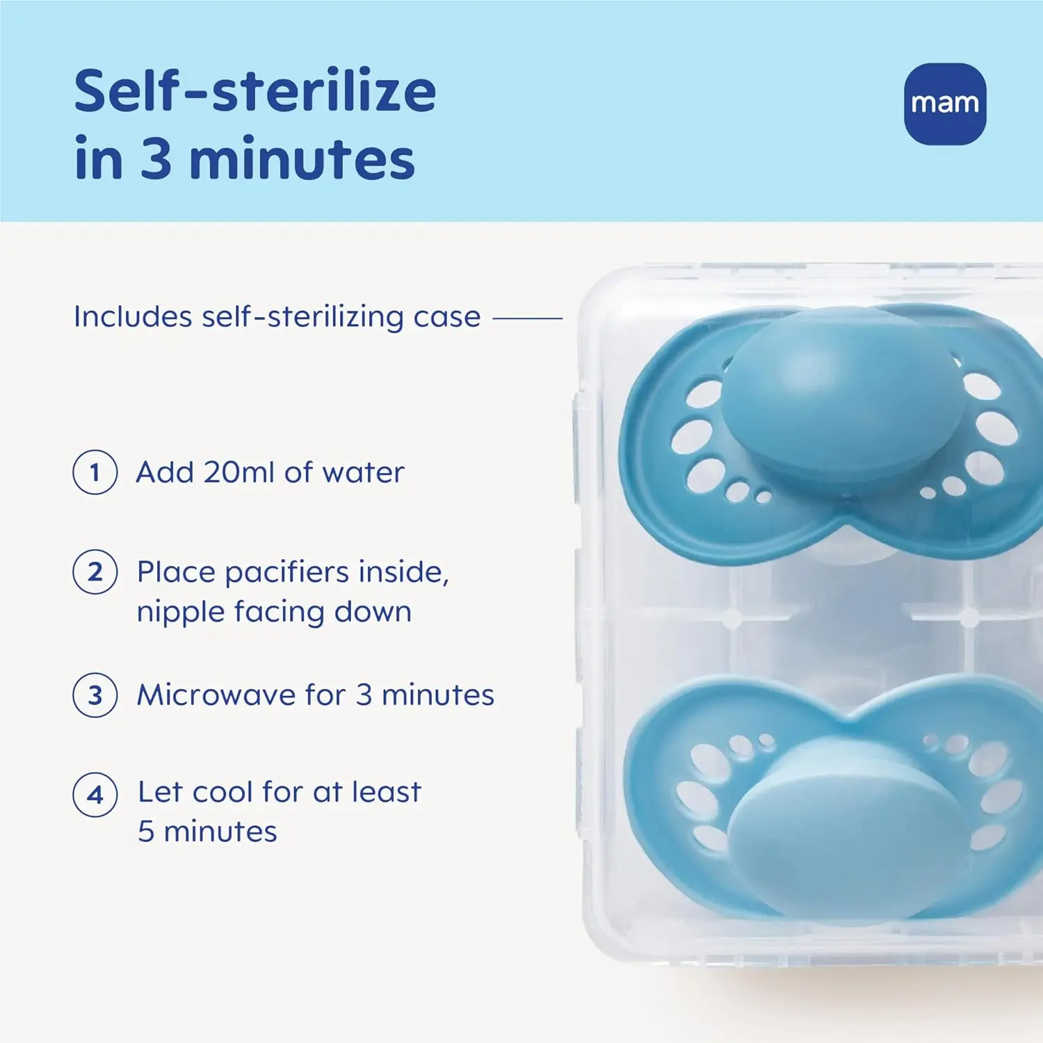 Two BPA-free MAM Start silicone pacifiers for newborns 0-3 months with a self-sterilizing case for easy cleaning and travel.
