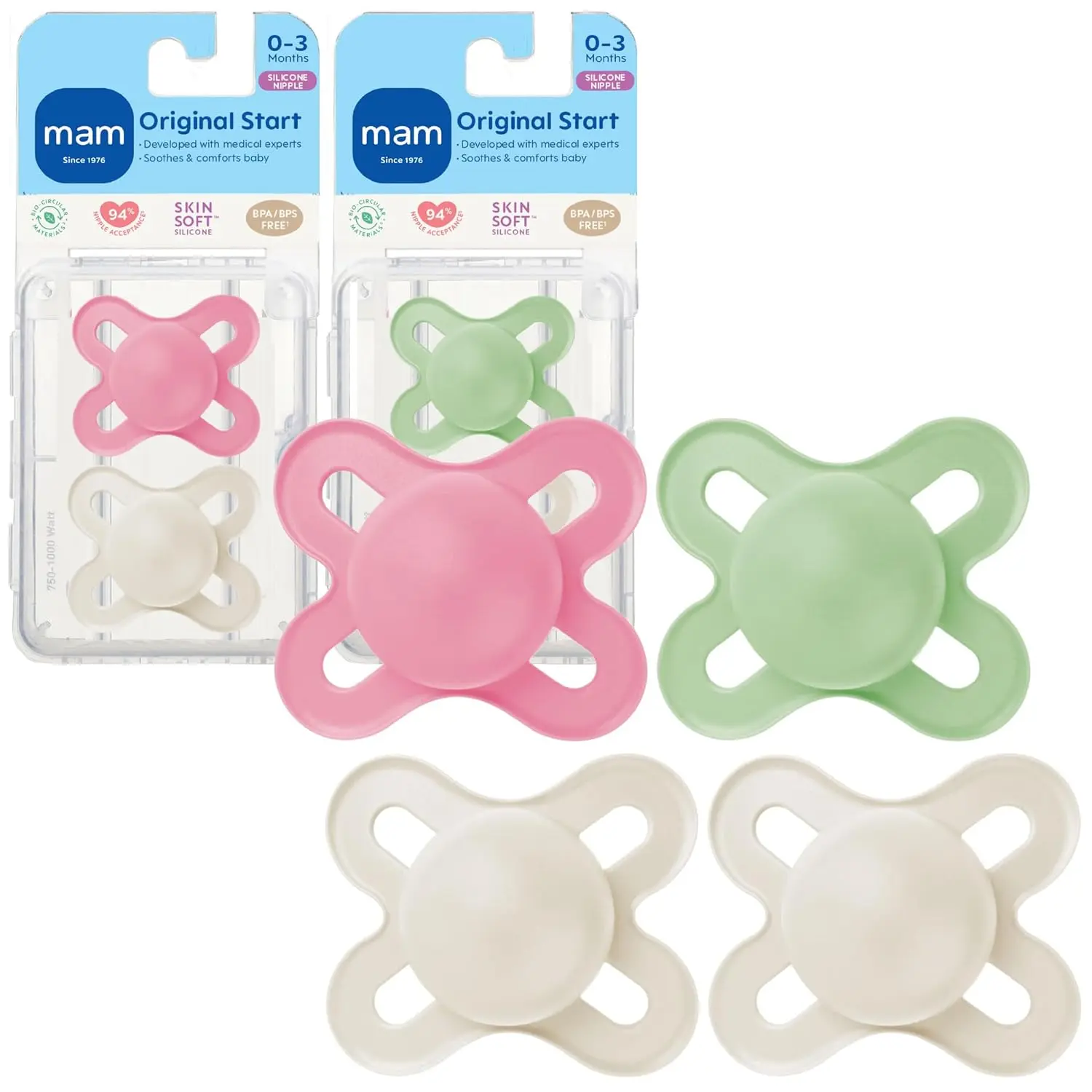Two BPA-free MAM Start silicone pacifiers for newborns 0-3 months with a self-sterilizing case for easy cleaning and travel.