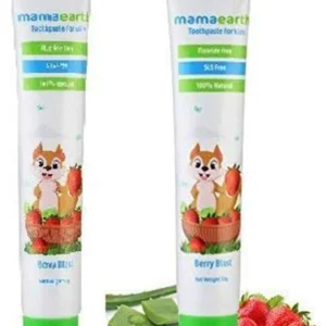Two tubes of Mamaearth natural strawberry flavored toothpaste for kids, promoting healthy teeth and gums with a safe, swallowable formula.