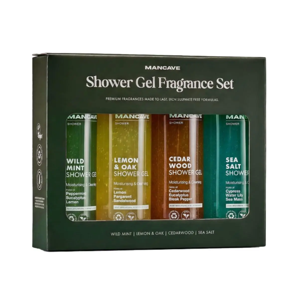 The Mancave shower gel gift set for men includes four 500ml bottles of sulphate-free, vegan-friendly shower gel in Wild Mint, Lemon & Oak, Cedarwood, and Sea Salt fragrances, beautifully packaged in recyclable materials.