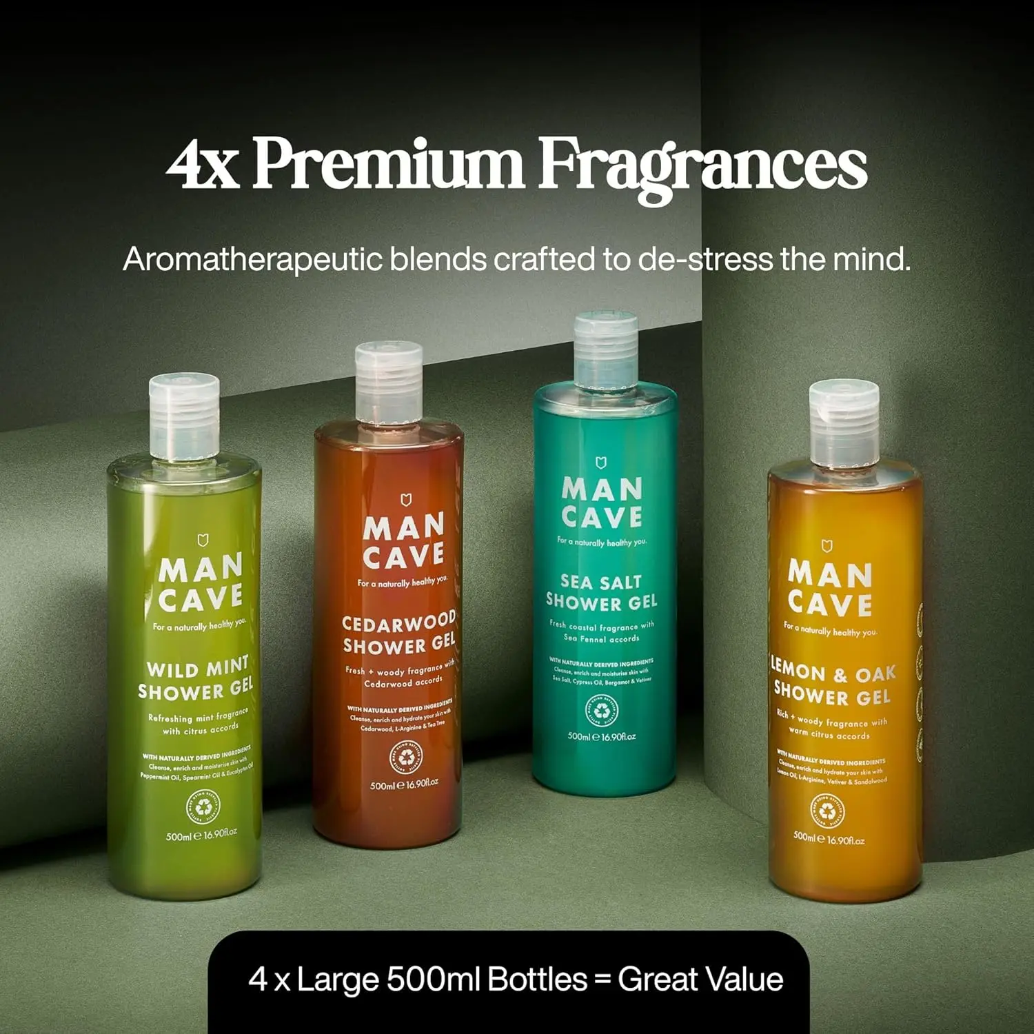 The Mancave shower gel gift set for men includes four 500ml bottles of sulphate-free, vegan-friendly shower gel in Wild Mint, Lemon & Oak, Cedarwood, and Sea Salt fragrances, beautifully packaged in recyclable materials.