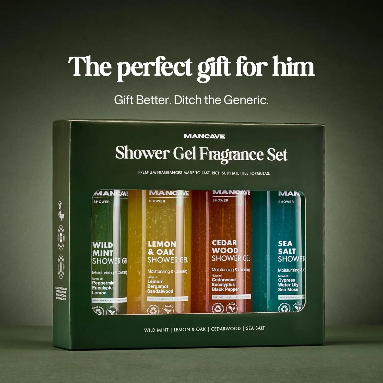 The Mancave shower gel gift set for men includes four 500ml bottles of sulphate-free, vegan-friendly shower gel in Wild Mint, Lemon & Oak, Cedarwood, and Sea Salt fragrances, beautifully packaged in recyclable materials.