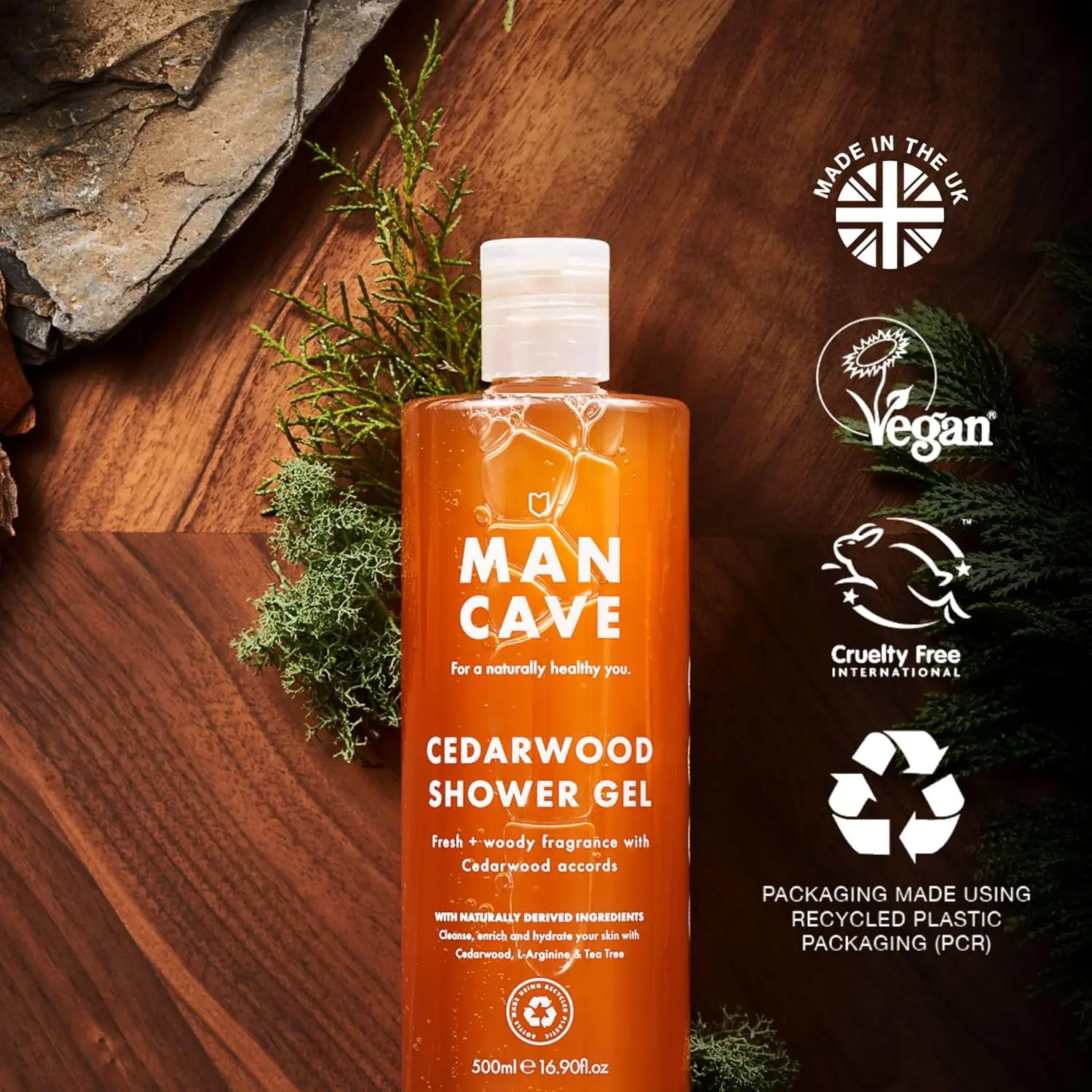 The Mancave shower gel gift set for men includes four 500ml bottles of sulphate-free, vegan-friendly shower gel in Wild Mint, Lemon & Oak, Cedarwood, and Sea Salt fragrances, beautifully packaged in recyclable materials.