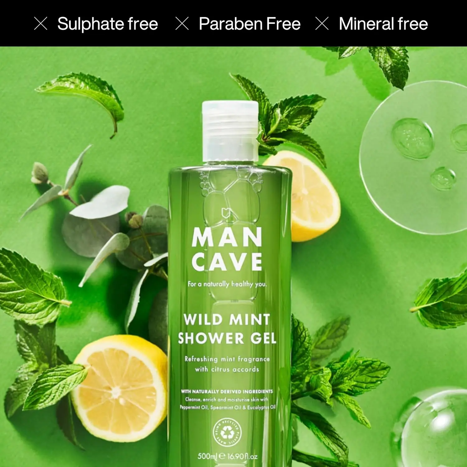 The Mancave shower gel gift set for men includes four 500ml bottles of sulphate-free, vegan-friendly shower gel in Wild Mint, Lemon & Oak, Cedarwood, and Sea Salt fragrances, beautifully packaged in recyclable materials.