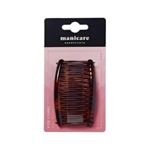 This image shows a pack of two tortoiseshell Manicare side combs designed with a French style for a strong, comfortable hold on all hair types.