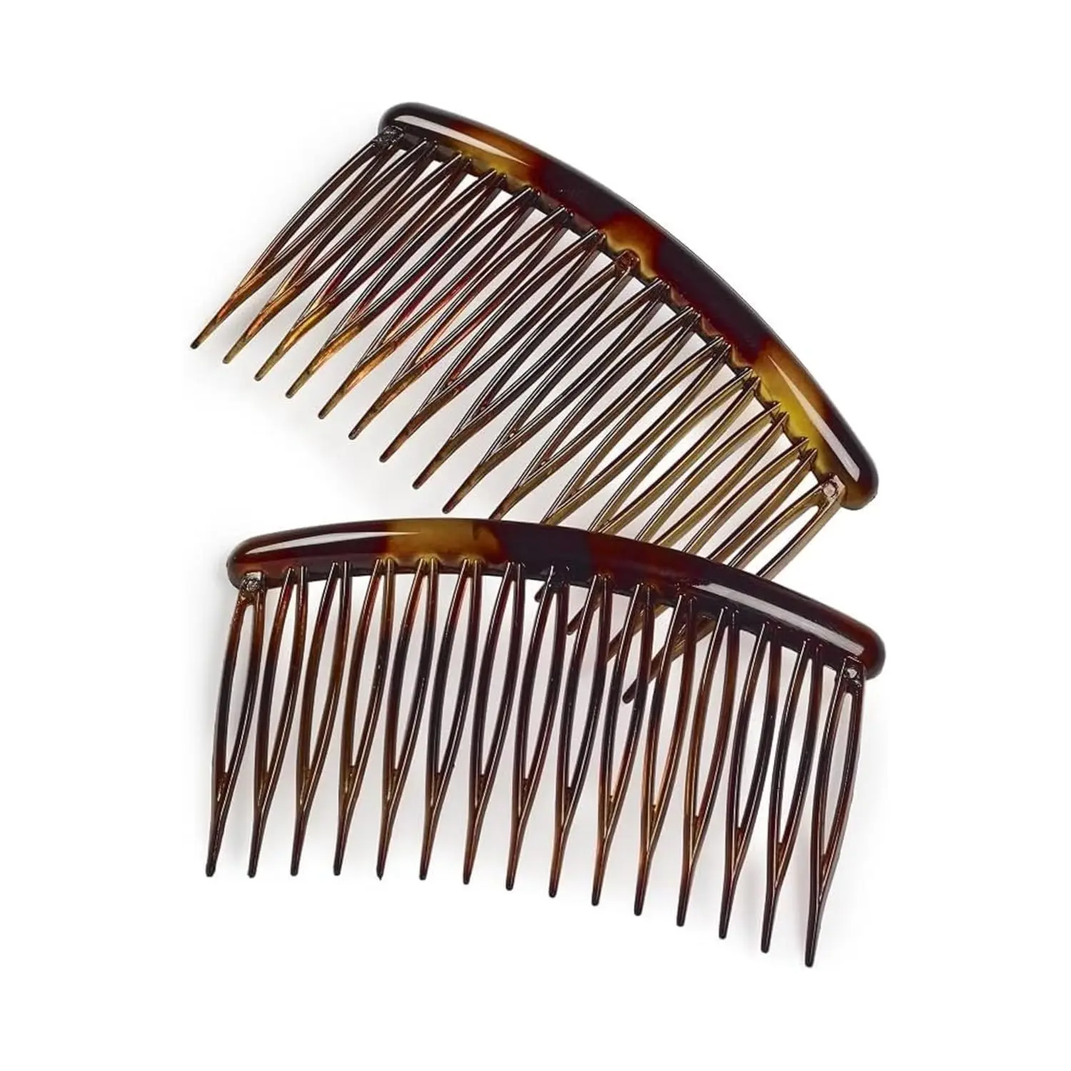 This image shows a pack of two tortoiseshell Manicare side combs designed with a French style for a strong, comfortable hold on all hair types.