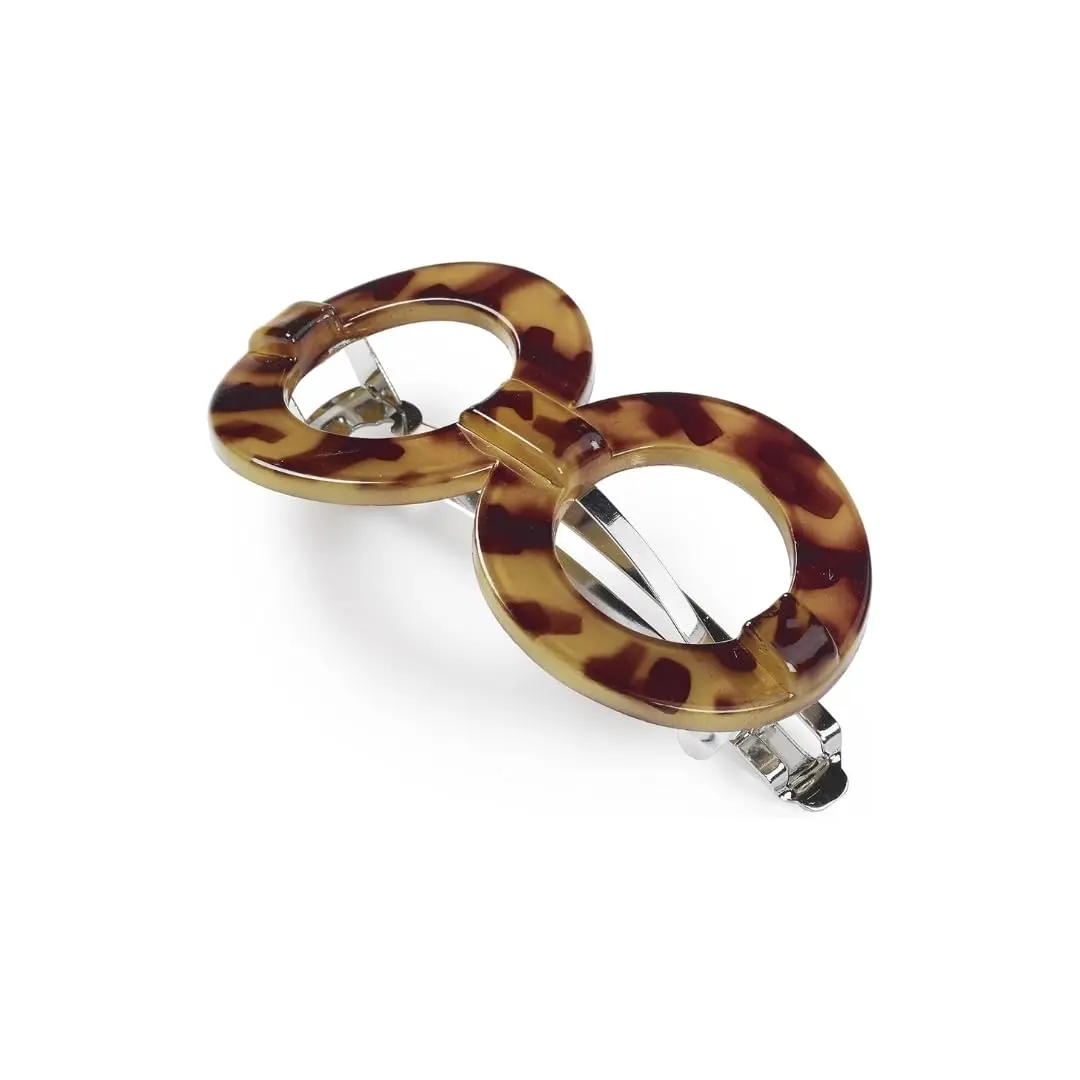 This image shows a pack of two tortoiseshell Manicare side combs designed with a French style for a strong, comfortable hold on all hair types.