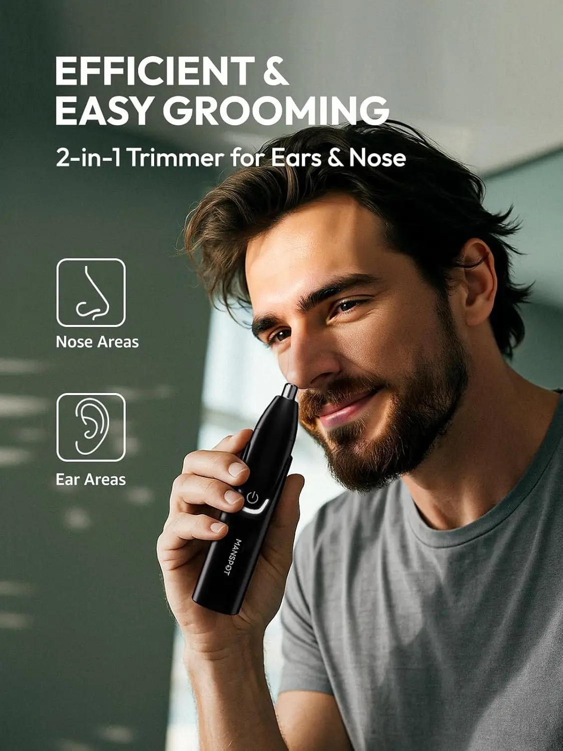 The MANSPOT nose and ear hair trimmer efficiently and comfortably removes unwanted hair with its dual-edge blades and powerful 8000-RPM motor, offering a painless and rechargeable grooming solution for men.