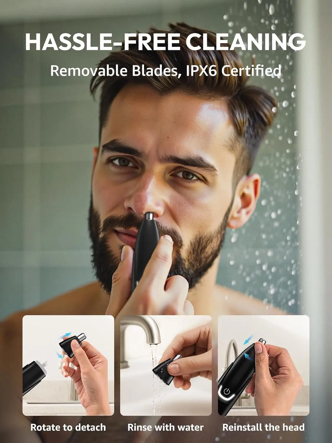The MANSPOT nose and ear hair trimmer efficiently and comfortably removes unwanted hair with its dual-edge blades and powerful 8000-RPM motor, offering a painless and rechargeable grooming solution for men.