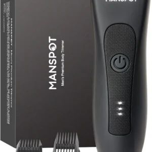 The MANSPOT electric body hair trimmer is displayed with its guards, designed for a smooth and safe grooming experience for men's groin and body hair.
