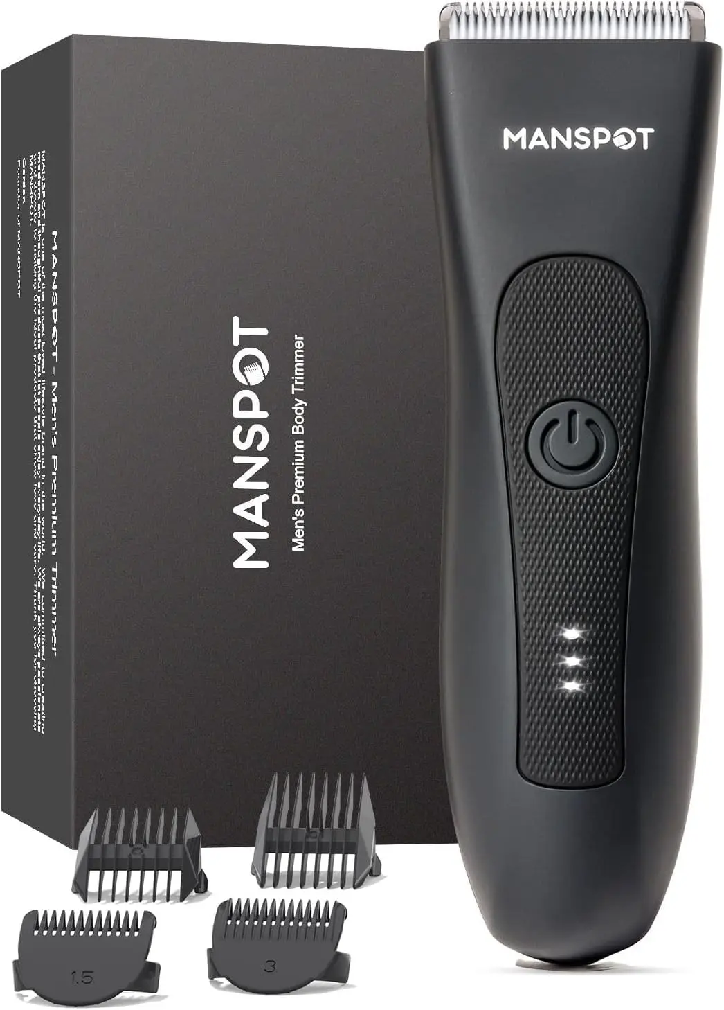 The MANSPOT electric body hair trimmer is displayed with its guards, designed for a smooth and safe grooming experience for men's groin and body hair.