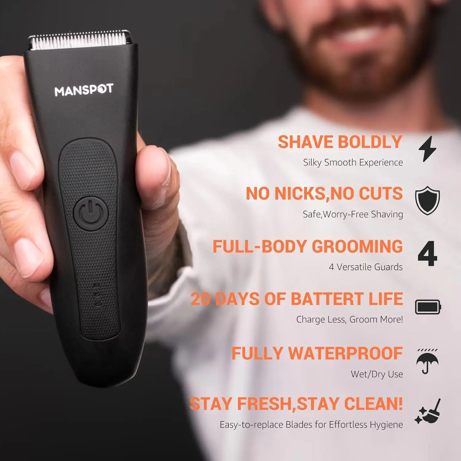 The MANSPOT electric body hair trimmer is displayed with its guards, designed for a smooth and safe grooming experience for men's groin and body hair.