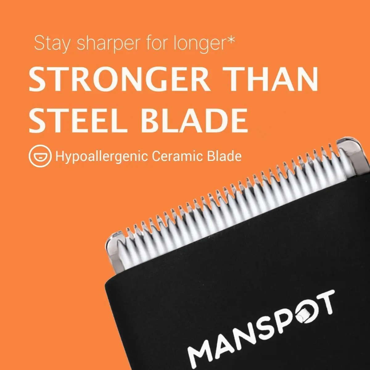 The MANSPOT electric body hair trimmer is displayed with its guards, designed for a smooth and safe grooming experience for men's groin and body hair.