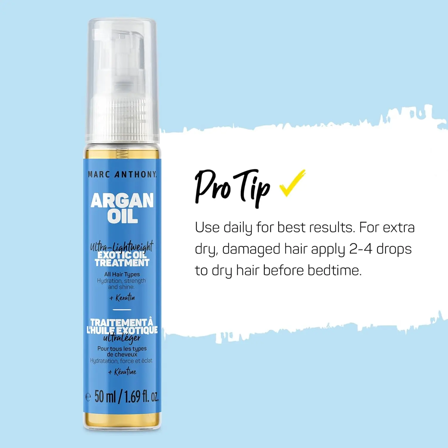 A 50 ml bottle of Marc Anthony Argan Oil of Morocco Oil Treatment, a paraben, sulfate, and phthalate-free hair product.