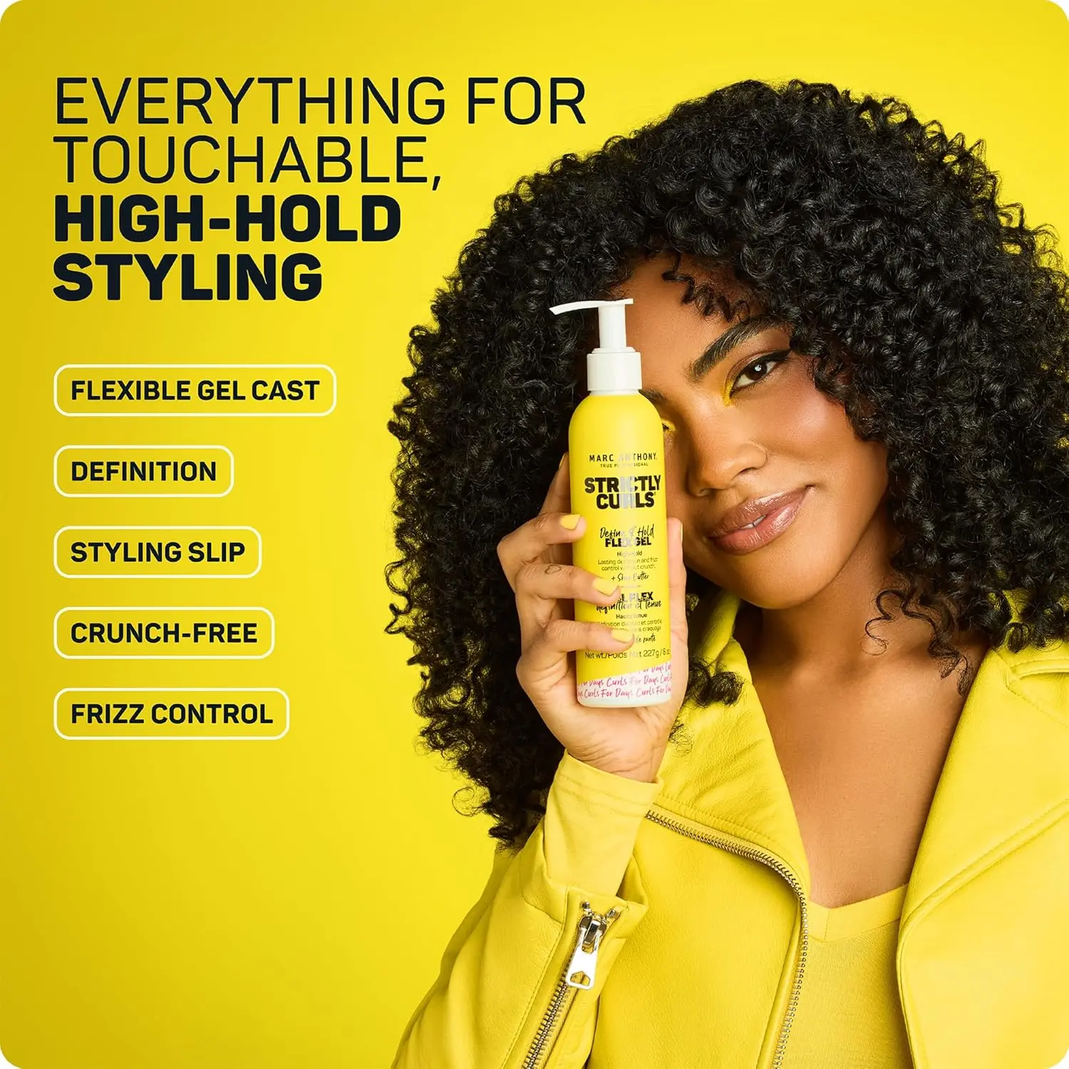 Marc Anthony Strictly Curls flex gel defines curls, controls frizz, and adds shine with shea butter for a touchable finish.