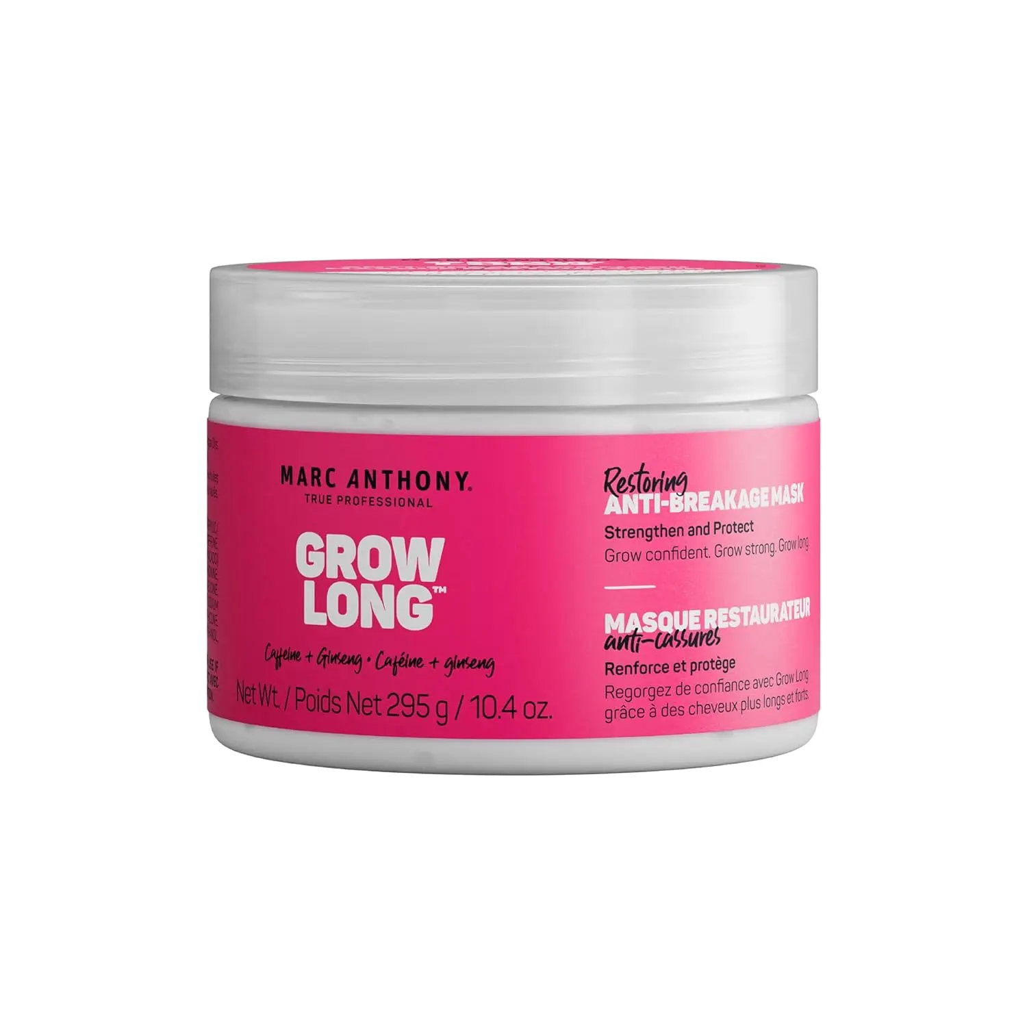 Marc Anthony Grow Long hair mask infused with caffeine, ginseng, and keratin to restore dry and damaged hair, promote hair strength, and prevent breakage.