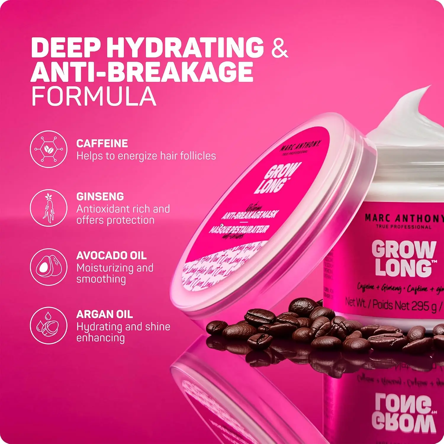 Marc Anthony Grow Long hair mask infused with caffeine, ginseng, and keratin to restore dry and damaged hair, promote hair strength, and prevent breakage.