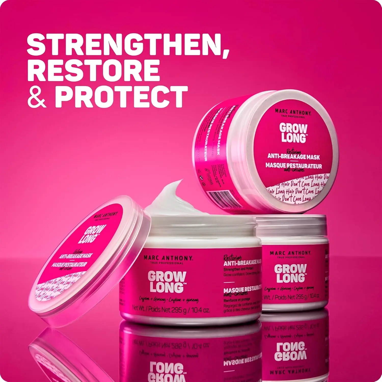 Marc Anthony Grow Long hair mask infused with caffeine, ginseng, and keratin to restore dry and damaged hair, promote hair strength, and prevent breakage.