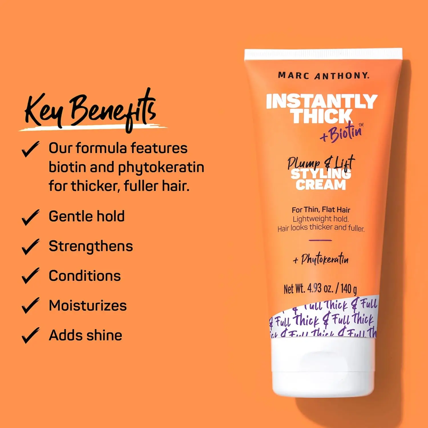 Marc Anthony Instantly Thick+Biotin styling cream thickens thin hair, adding volume, strength, and lightweight hold.