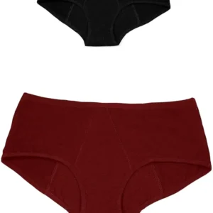 This image shows Marinova reusable period panties, a leak-proof underwear made of soft, moisture-wicking cotton with odor and stain protection, in a black and maroon combo.