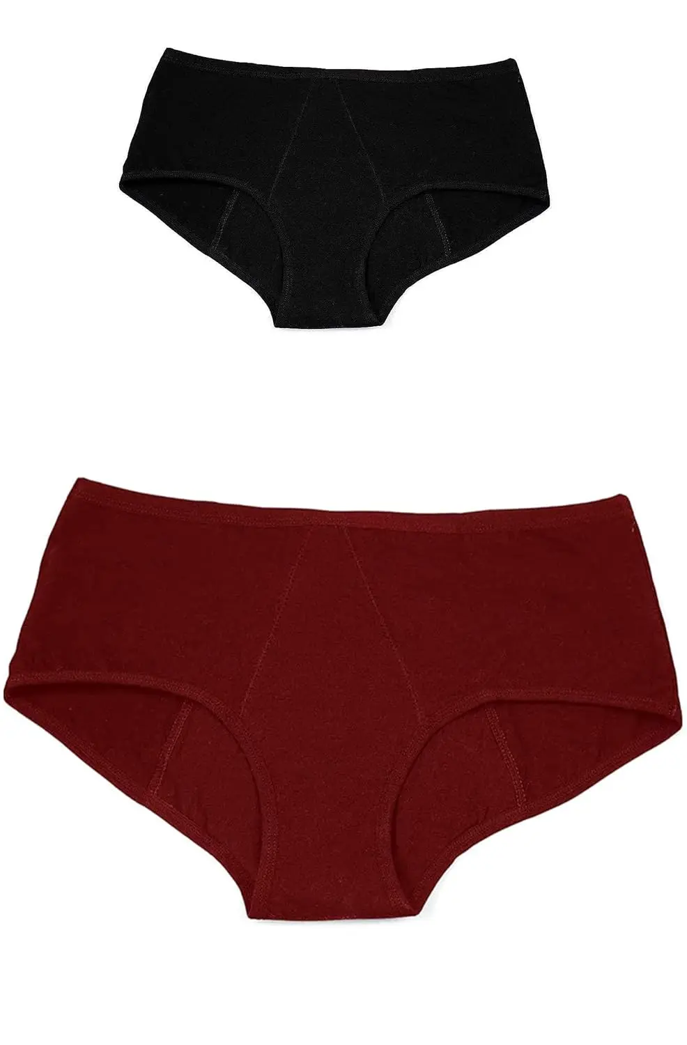 This image shows Marinova reusable period panties, a leak-proof underwear made of soft, moisture-wicking cotton with odor and stain protection, in a black and maroon combo.