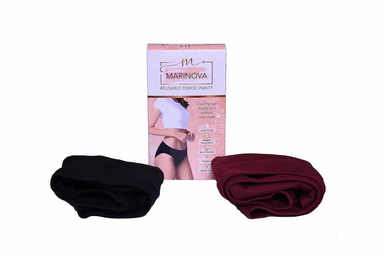This image shows Marinova reusable period panties, a leak-proof underwear made of soft, moisture-wicking cotton with odor and stain protection, in a black and maroon combo.