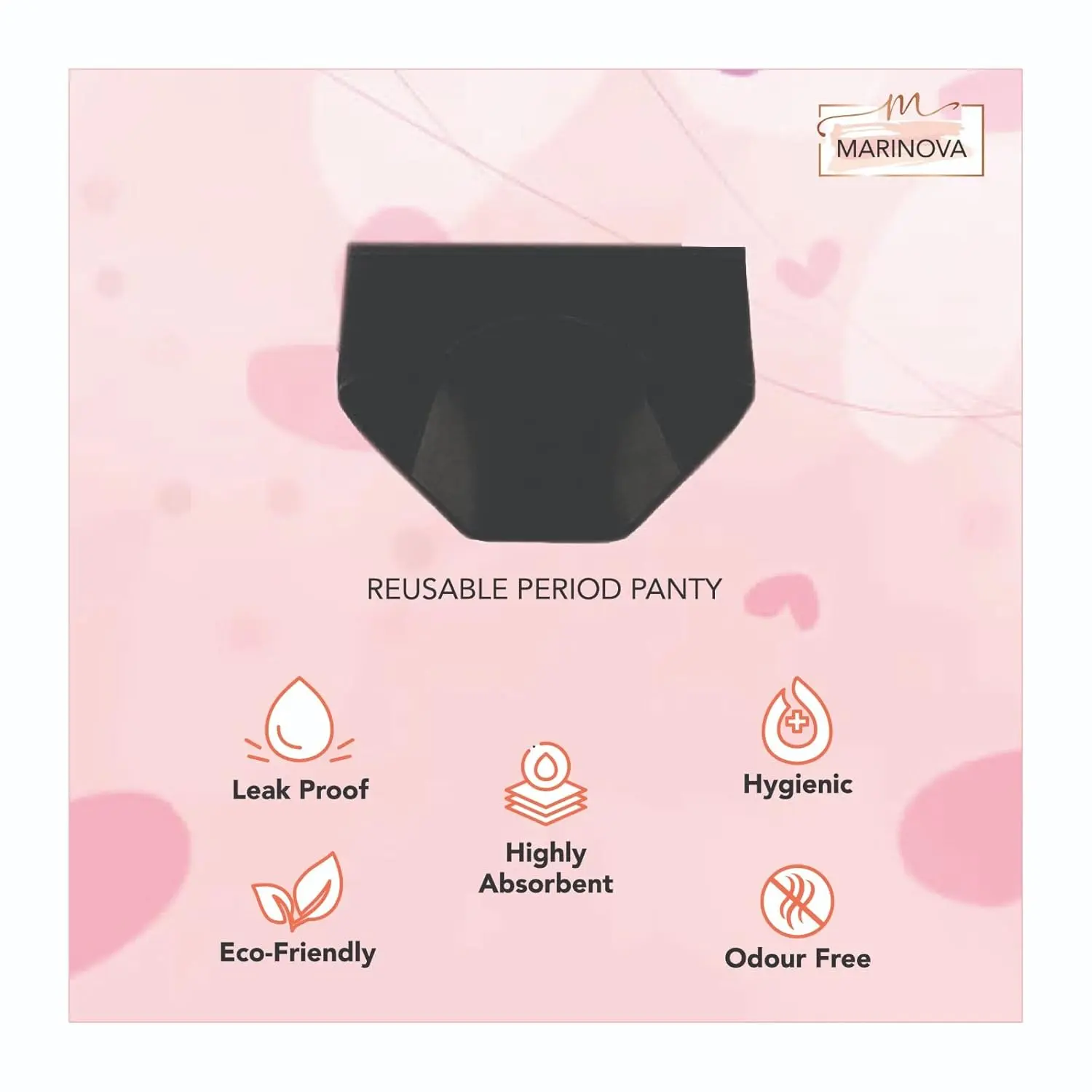 This image shows Marinova reusable period panties, a leak-proof underwear made of soft, moisture-wicking cotton with odor and stain protection, in a black and maroon combo.