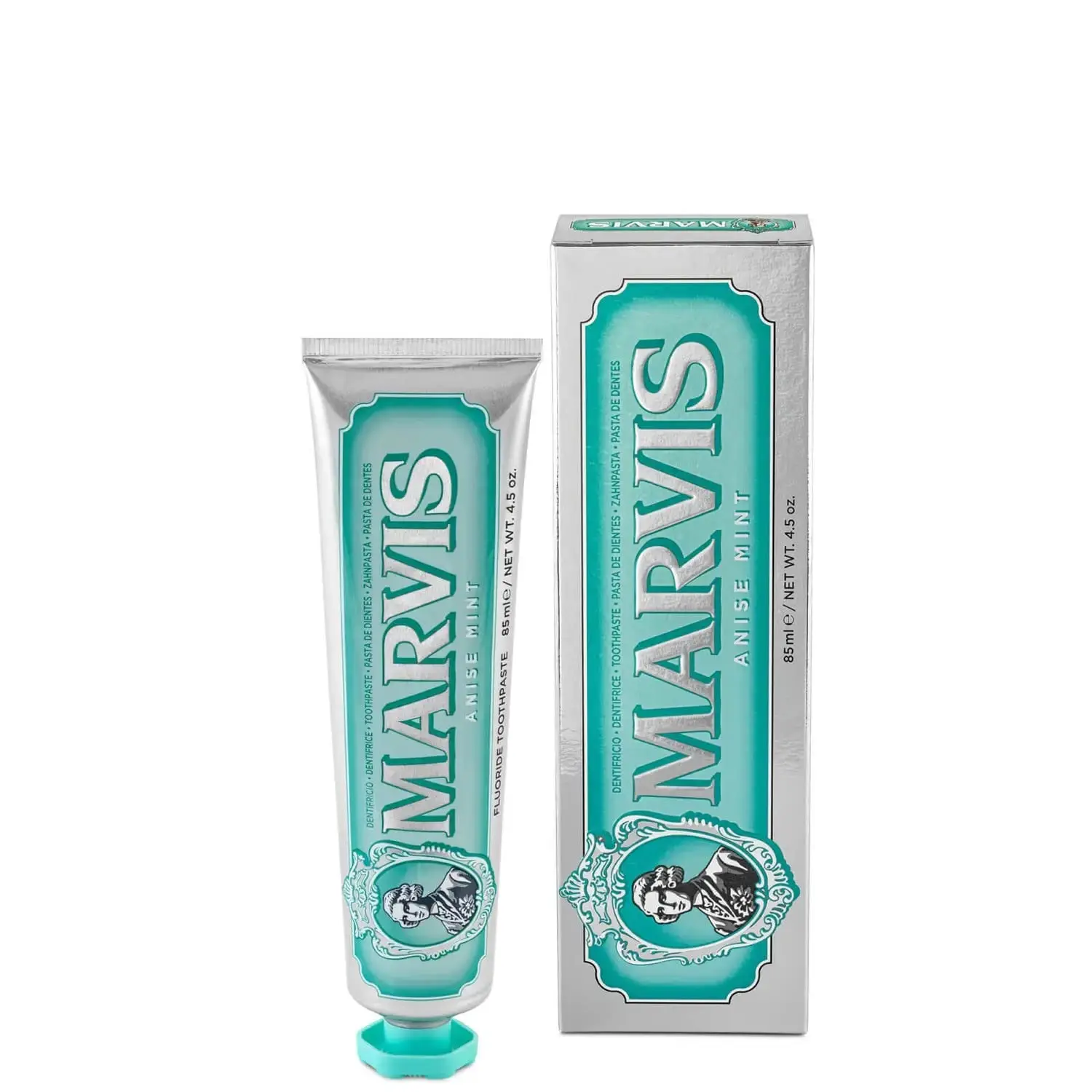 A tube of Marvis Anise Mint Toothpaste, offering a refreshing and unique flavor for a cleaner, brighter smile.