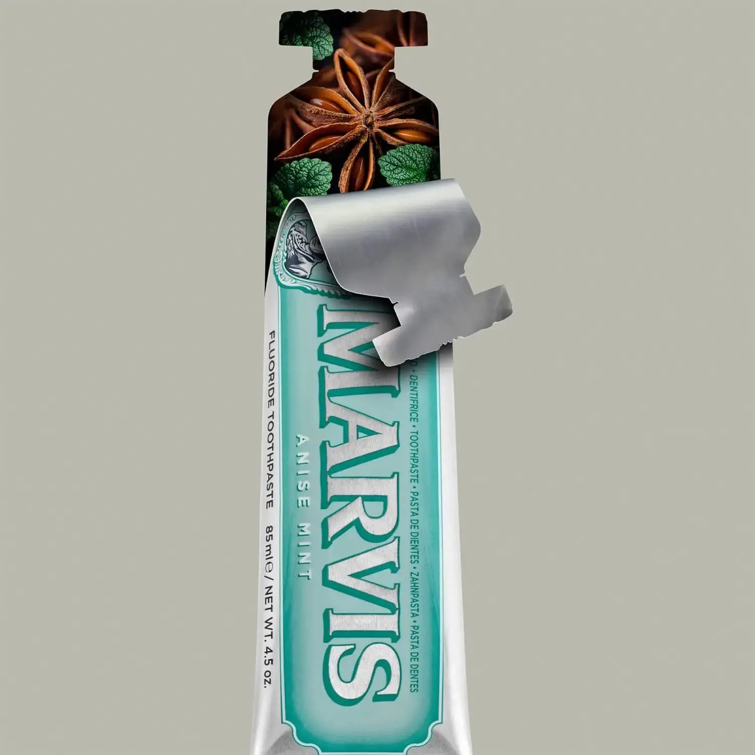 A tube of Marvis Anise Mint Toothpaste, offering a refreshing and unique flavor for a cleaner, brighter smile.