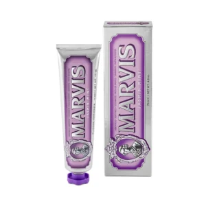 A tube of Marvis Jasmin Mint whitening toothpaste, known for its distinct flavor.