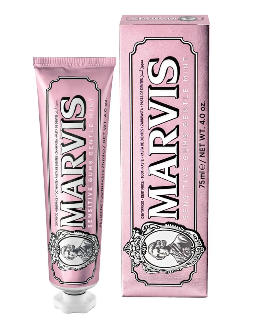 Marvis Sensitive Gums toothpaste in gentle mint flavor helps reduce plaque, discomfort, and soothes tissues for gum wellness.