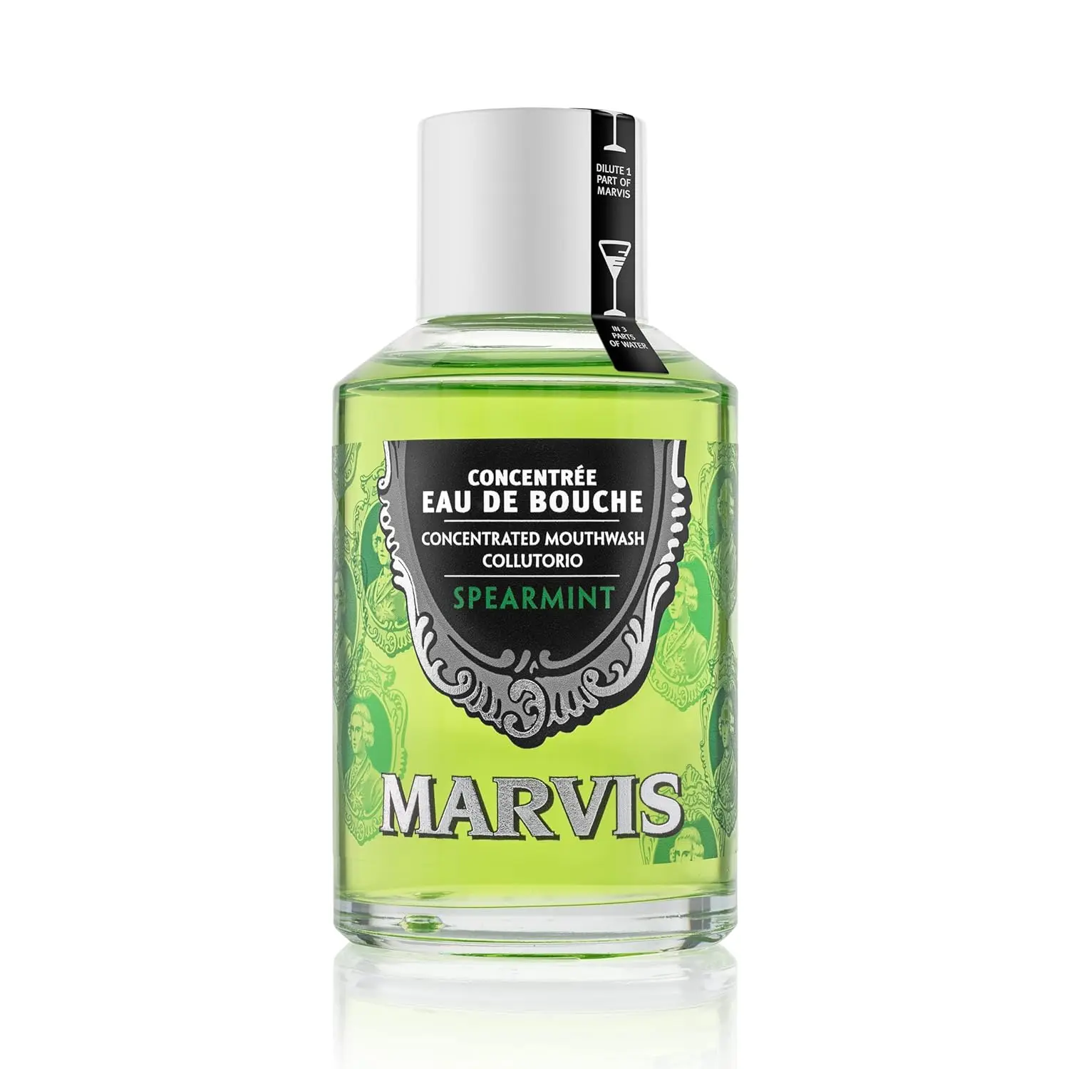 A bottle of Marvis Spearmint Mouthwash provides a super fresh breath, reduces plaque build-up, and promotes healthy oral hygiene with its refreshing peppermint and herb formula.