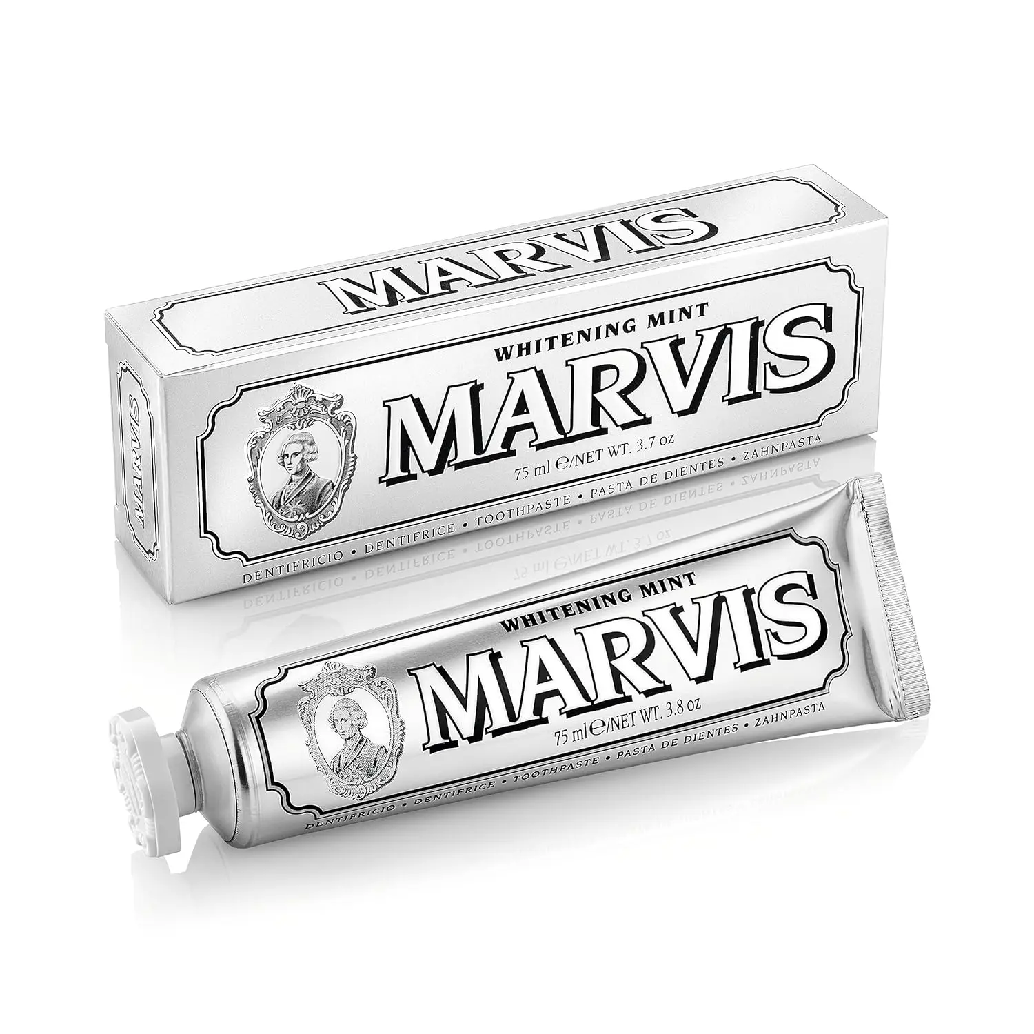 A 75ml tube of Marvis Whitening Mint toothpaste for removing plaque, tartar and a refreshing taste.