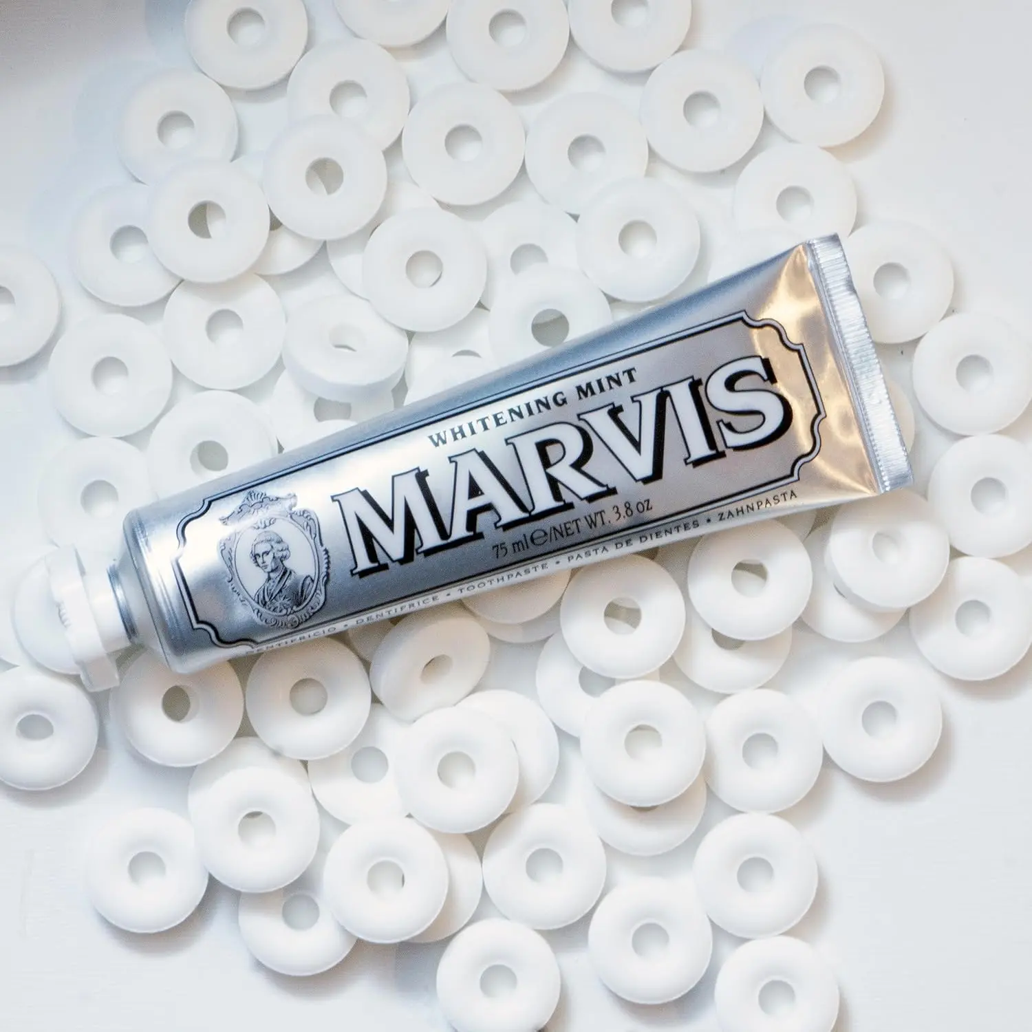 A 75ml tube of Marvis Whitening Mint toothpaste for removing plaque, tartar and a refreshing taste.