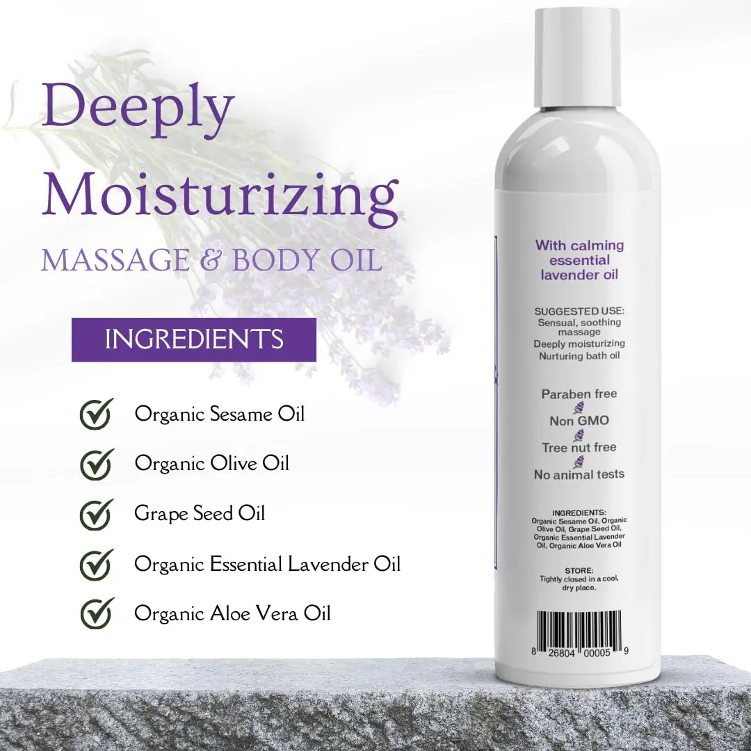 Bottle of Aloe Cadabra massage oil with lavender essential oil and natural ingredients for daily skin hydration and a healthy glow.