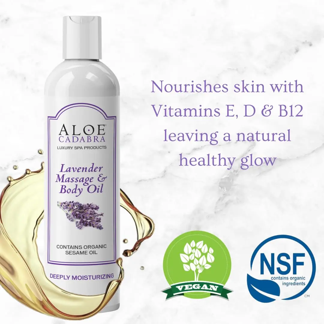 Bottle of Aloe Cadabra massage oil with lavender essential oil and natural ingredients for daily skin hydration and a healthy glow.