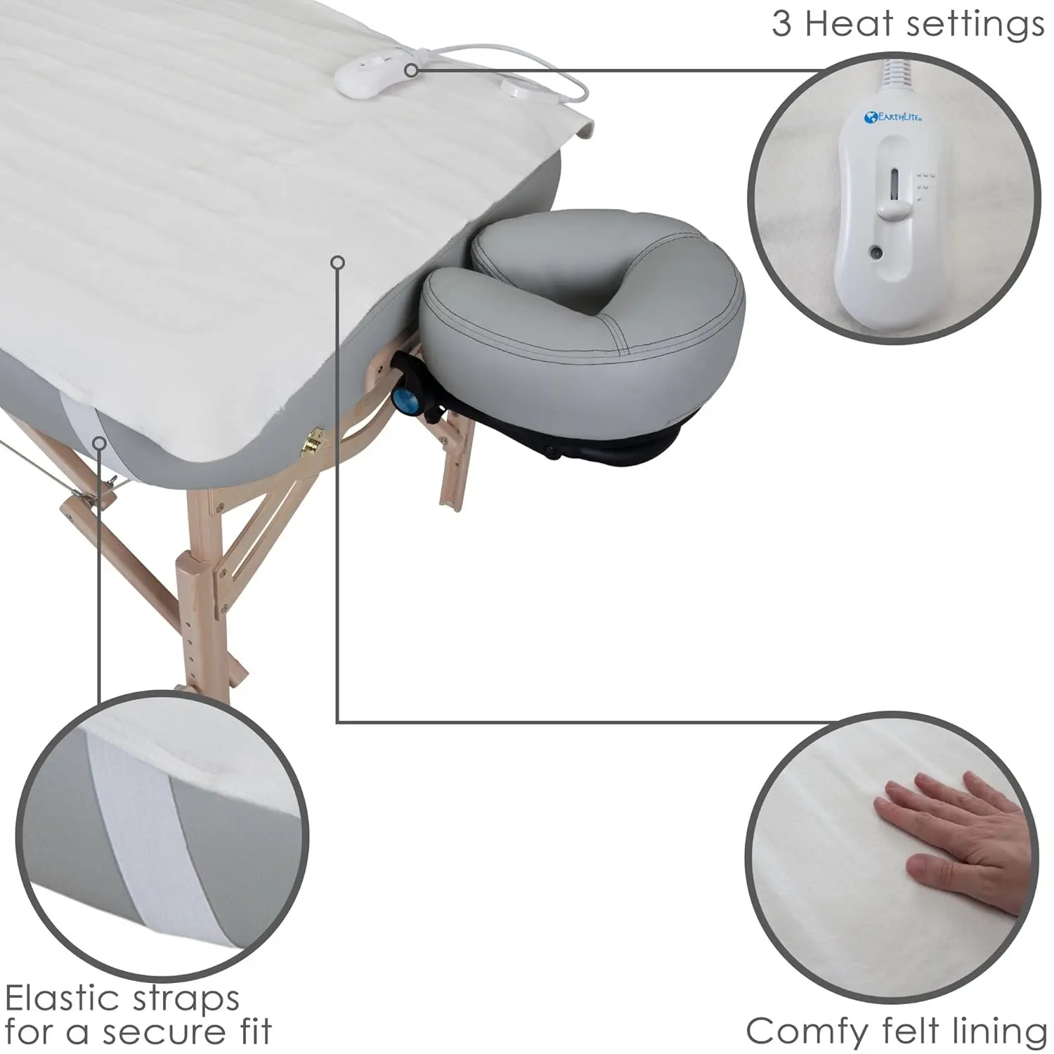 EARTHLITE massage table warmer with three heat settings and cozy felt lining, designed to fit full-sized massage tables, providing warmth and comfort.