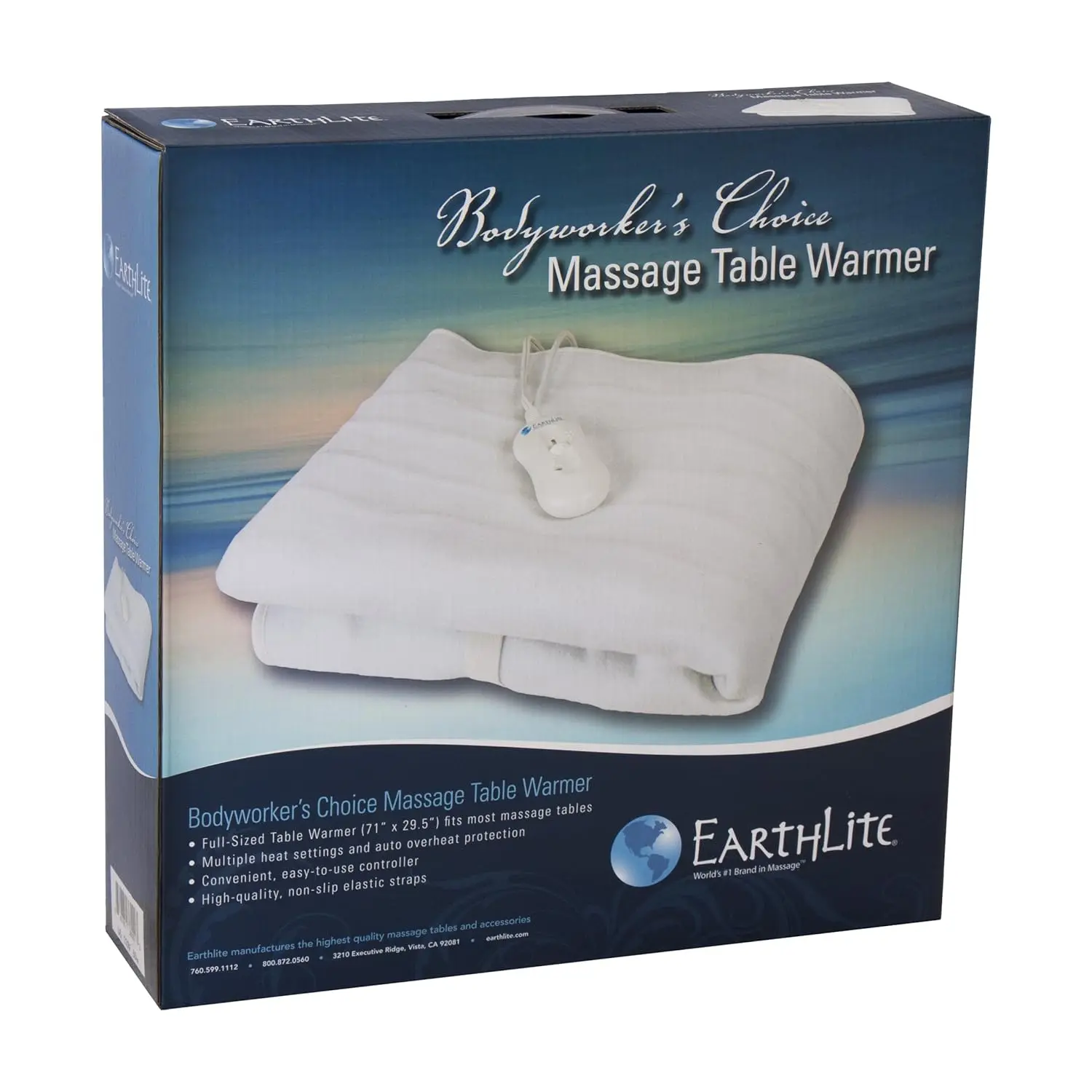 EARTHLITE massage table warmer with three heat settings and cozy felt lining, designed to fit full-sized massage tables, providing warmth and comfort.