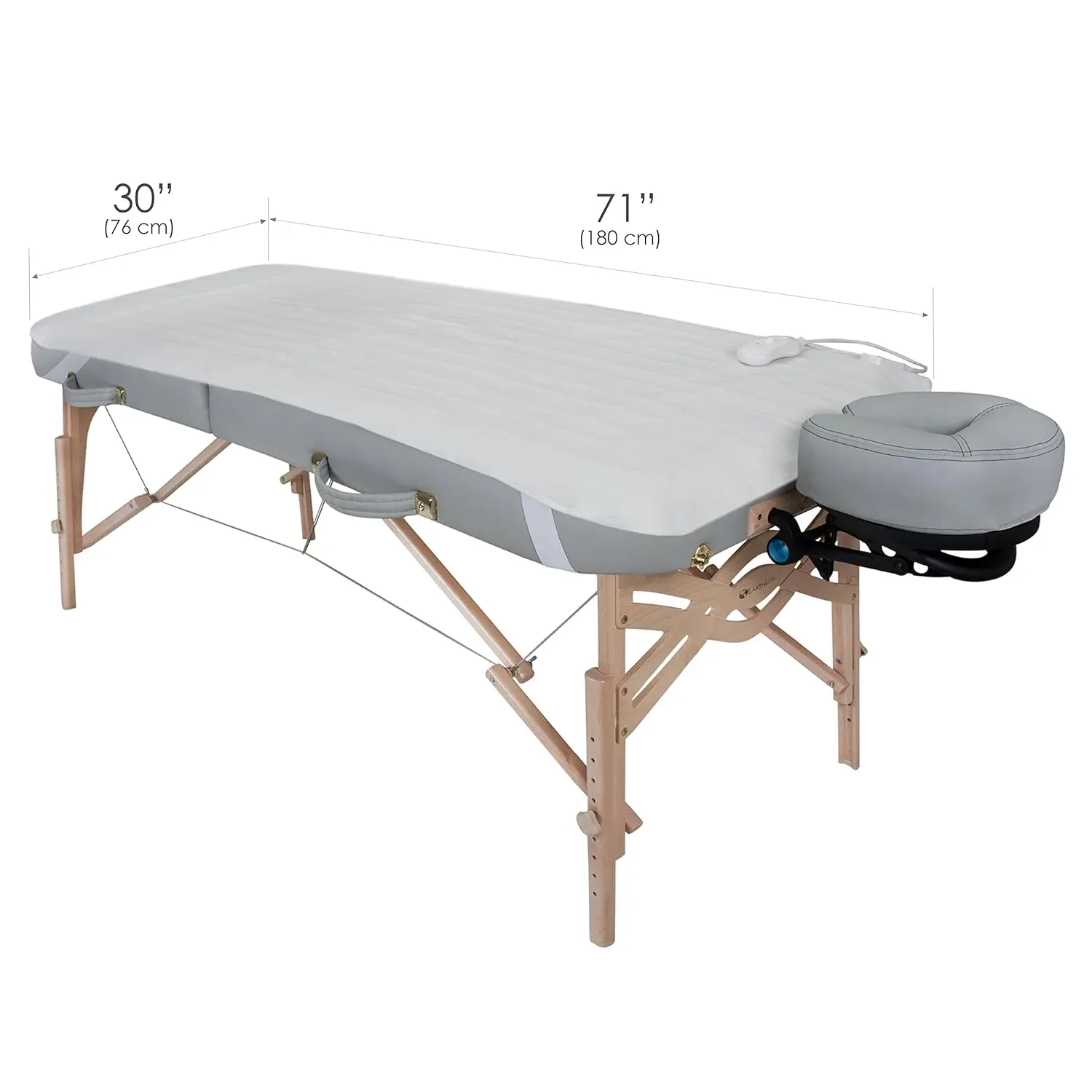 EARTHLITE massage table warmer with three heat settings and cozy felt lining, designed to fit full-sized massage tables, providing warmth and comfort.