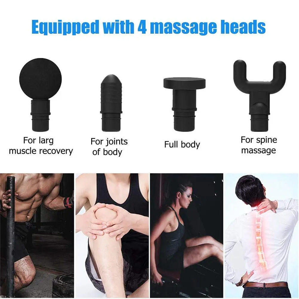 Premium quality fascia gun with four massage heads and 20 intensity levels for muscle relaxation and pain relief.