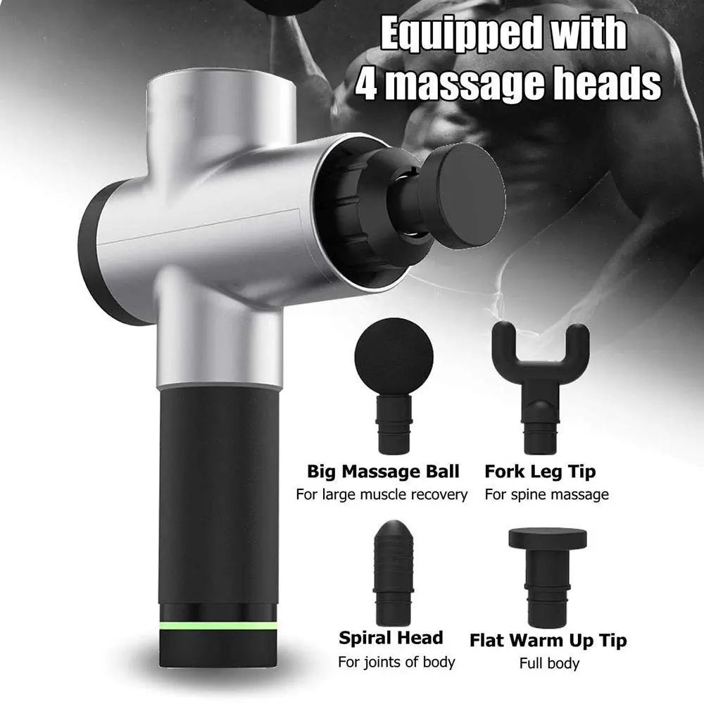 Premium quality fascia gun with four massage heads and 20 intensity levels for muscle relaxation and pain relief.