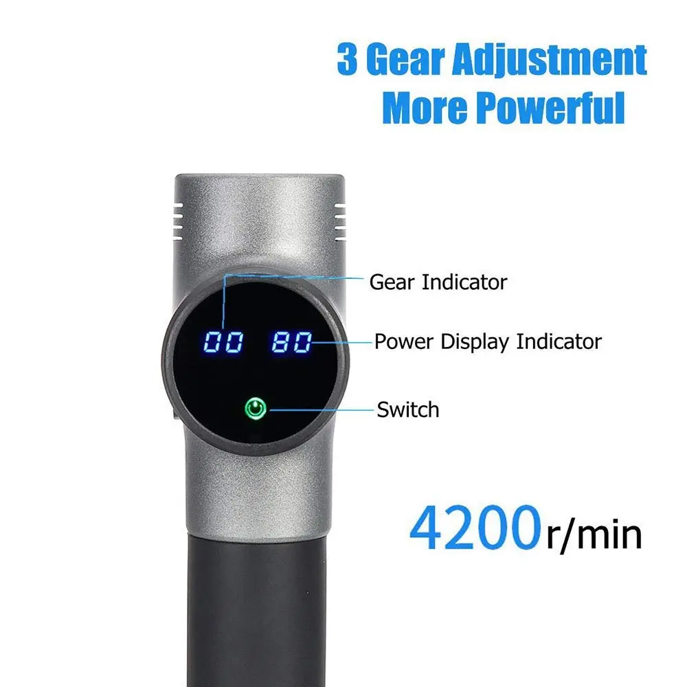 Premium quality fascia gun with four massage heads and 20 intensity levels for muscle relaxation and pain relief.