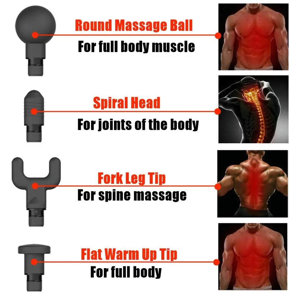 Premium quality fascia gun with four massage heads and 20 intensity levels for muscle relaxation and pain relief.