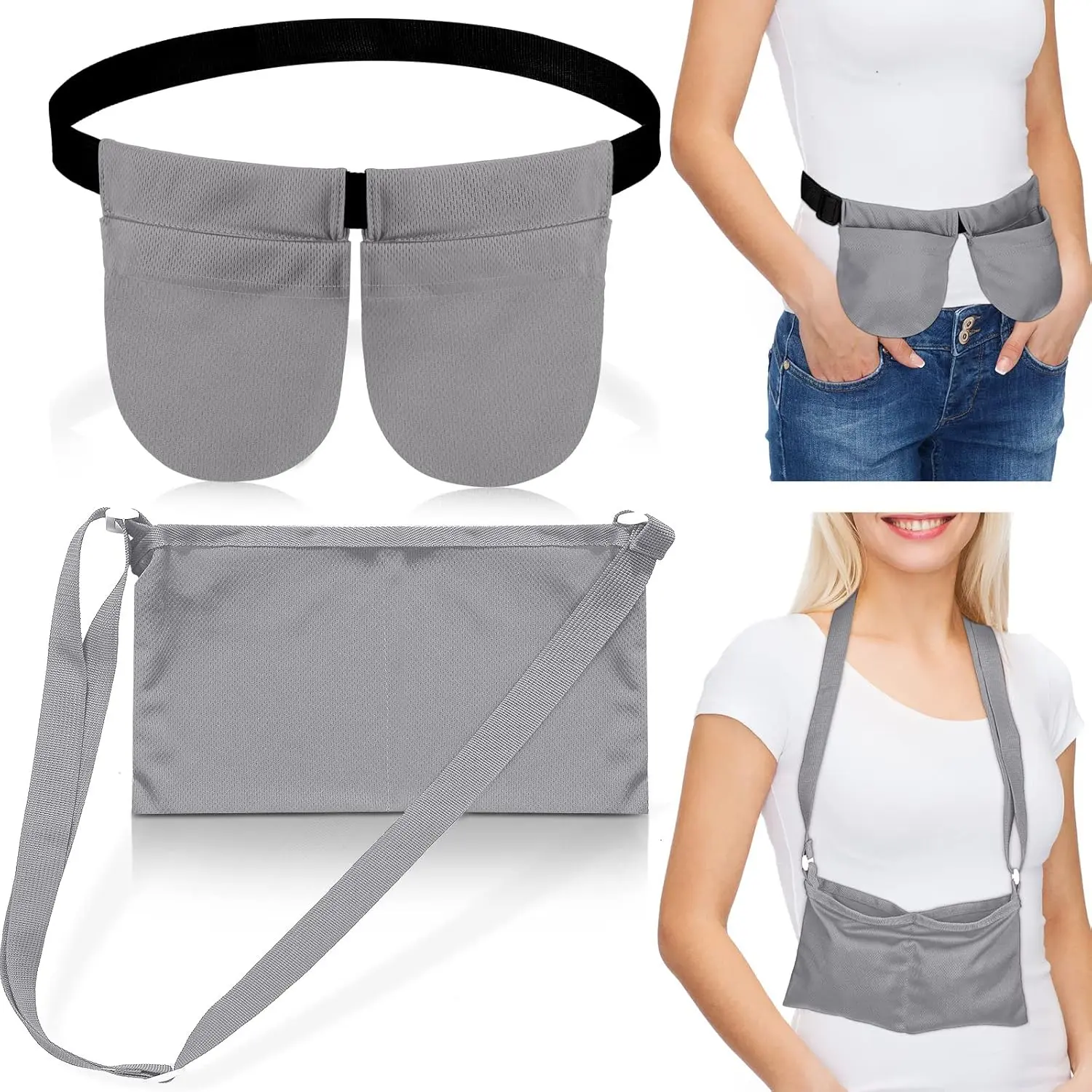 Gray mastectomy drain pouch with adjustable waist belt and shower bag provides comfortable and convenient support for post-surgery recovery and holds drain bottles securely.