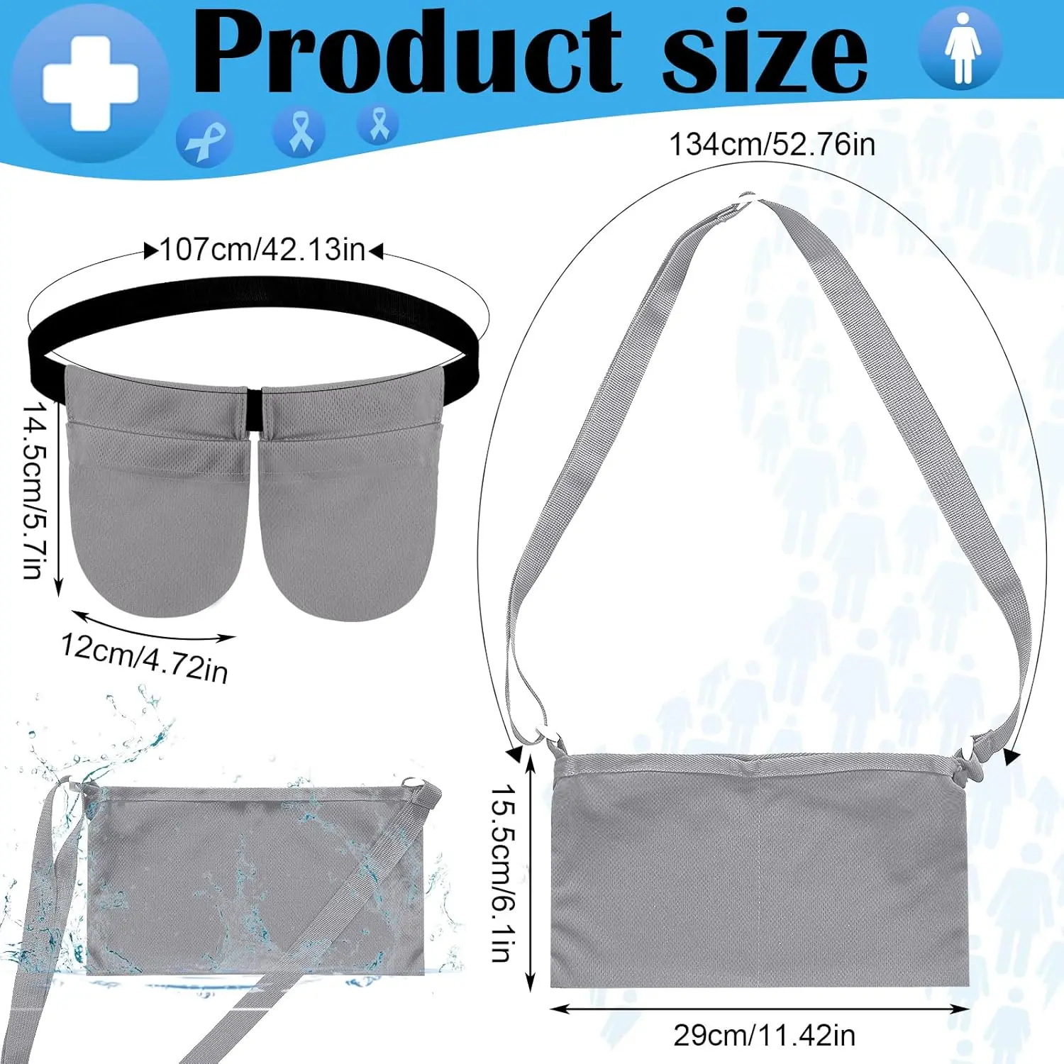 Gray mastectomy drain pouch with adjustable waist belt and shower bag provides comfortable and convenient support for post-surgery recovery and holds drain bottles securely.