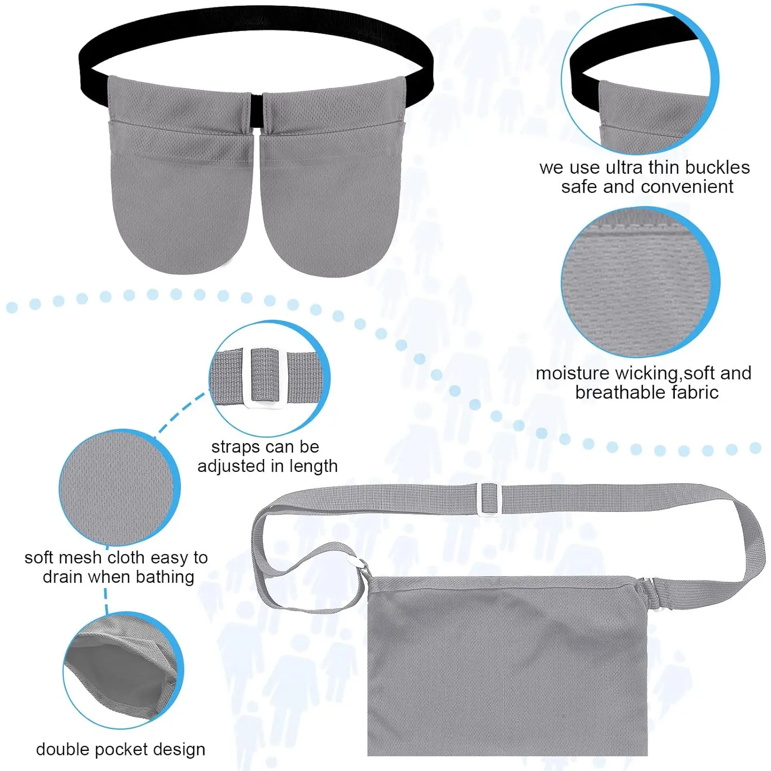 Gray mastectomy drain pouch with adjustable waist belt and shower bag provides comfortable and convenient support for post-surgery recovery and holds drain bottles securely.