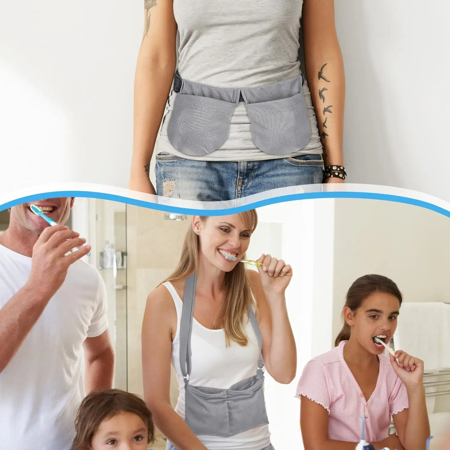 Gray mastectomy drain pouch with adjustable waist belt and shower bag provides comfortable and convenient support for post-surgery recovery and holds drain bottles securely.